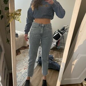 Straight Leg Gray Jeans with Beaded Detail